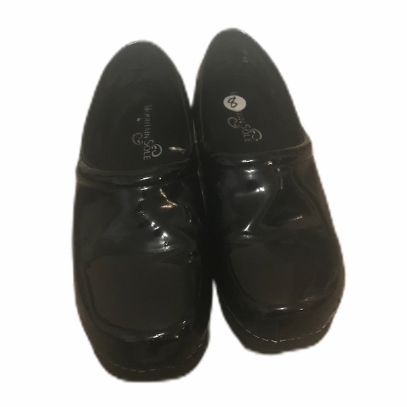 white patent leather nursing shoes